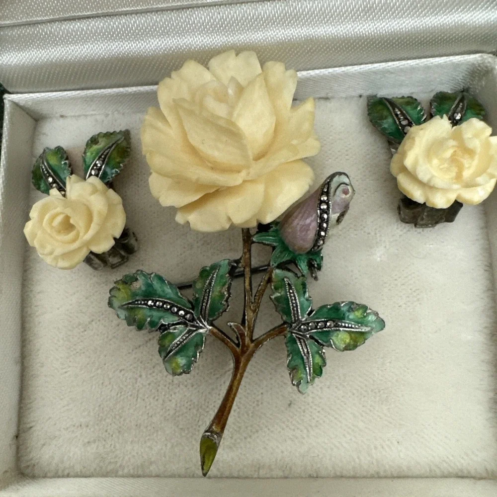 alice caviness Sterling Set Brooch & Earrings Enameled Stems Germany EUC